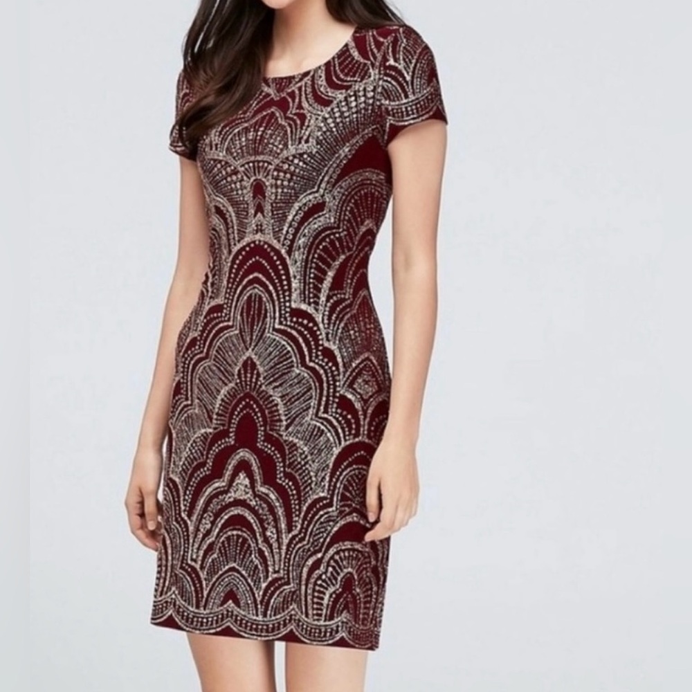 NWOT Jump Apparel  Dress Burgundy with Gold Glitter Short-Sleeve Size Medium
